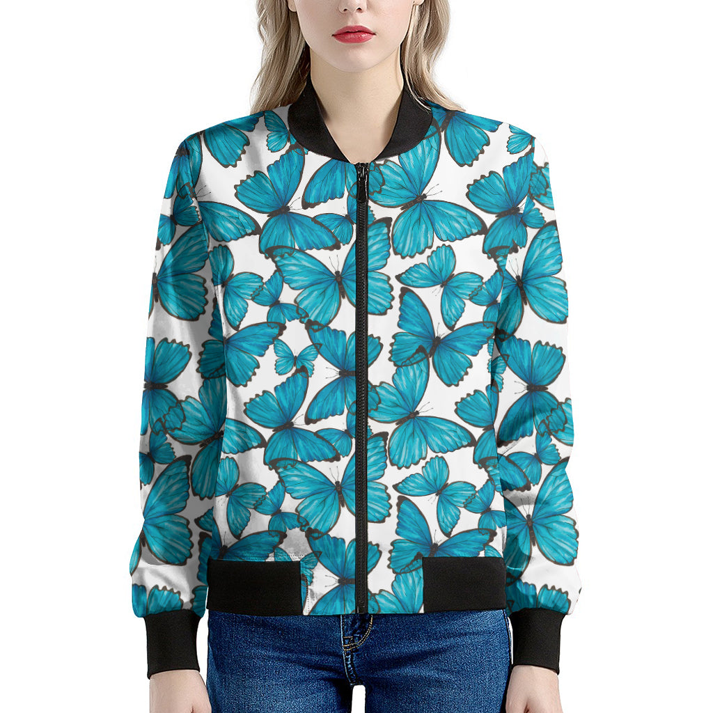 Blue Watercolor Butterfly Pattern Print Women's Bomber Jacket