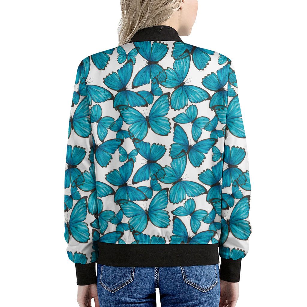 Blue Watercolor Butterfly Pattern Print Women's Bomber Jacket