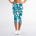 Blue Watercolor Butterfly Pattern Print Women's Capri Leggings