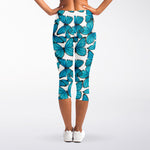 Blue Watercolor Butterfly Pattern Print Women's Capri Leggings