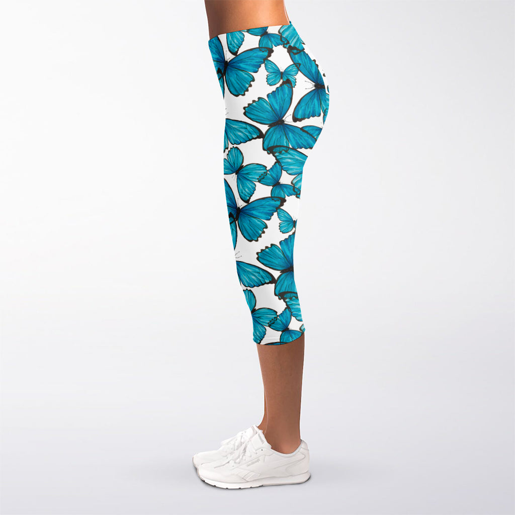 Blue Watercolor Butterfly Pattern Print Women's Capri Leggings
