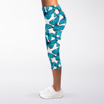 Blue Watercolor Butterfly Pattern Print Women's Capri Leggings