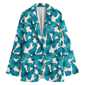 Blue Watercolor Butterfly Pattern Print Women's Cotton Blazer