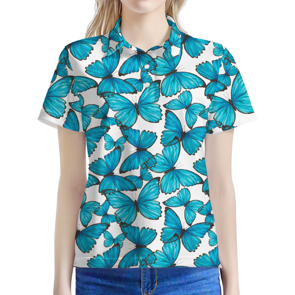 Blue Watercolor Butterfly Pattern Print Women's Polo Shirt