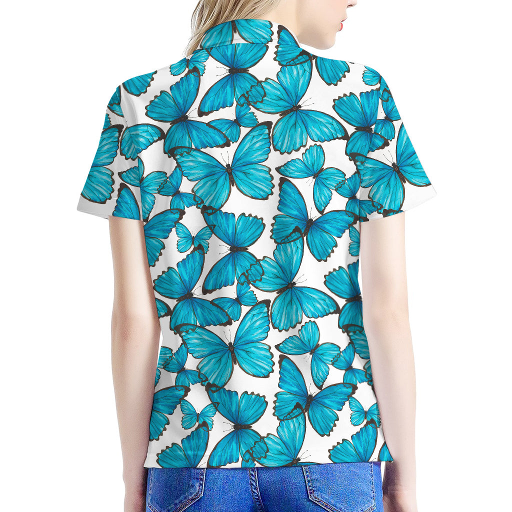 Blue Watercolor Butterfly Pattern Print Women's Polo Shirt