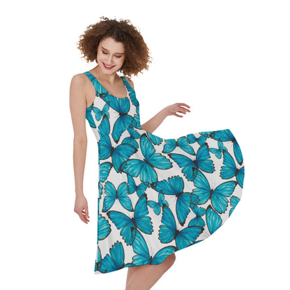 Blue Watercolor Butterfly Pattern Print Women's Sleeveless Dress