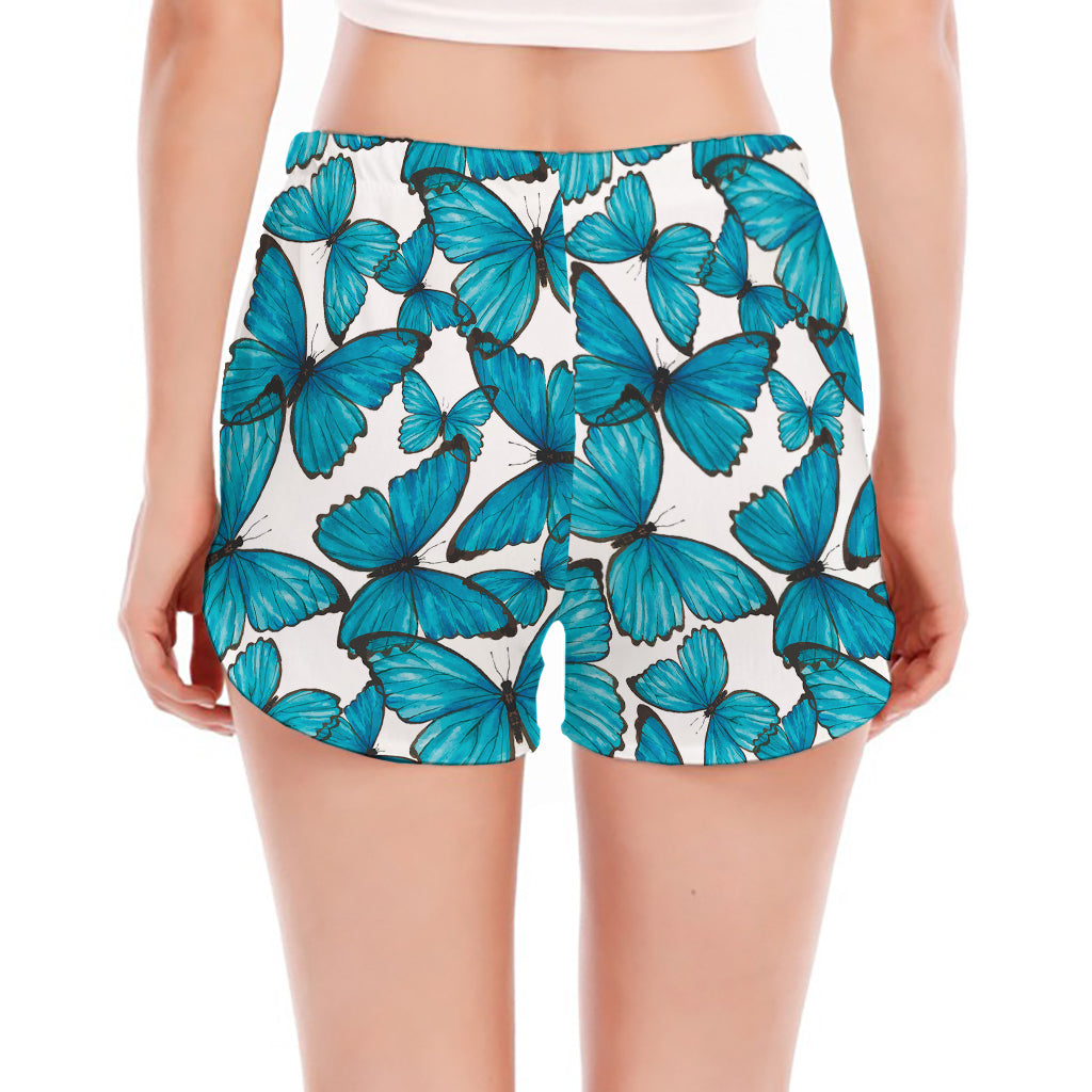 Blue Watercolor Butterfly Pattern Print Women's Split Running Shorts