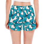 Blue Watercolor Butterfly Pattern Print Women's Split Running Shorts