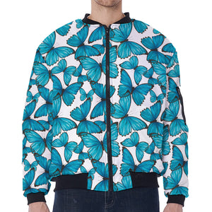 Blue Watercolor Butterfly Pattern Print Zip Sleeve Bomber Jacket