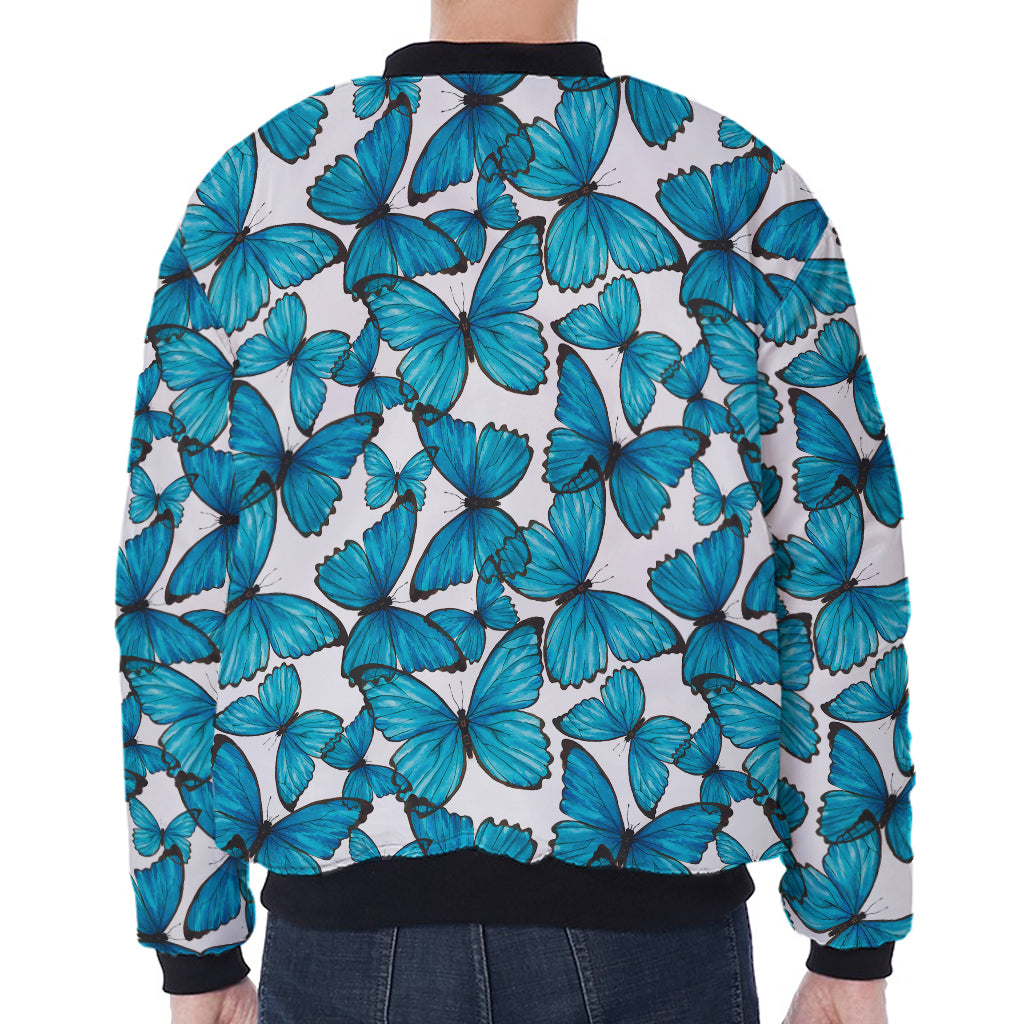 Blue Watercolor Butterfly Pattern Print Zip Sleeve Bomber Jacket