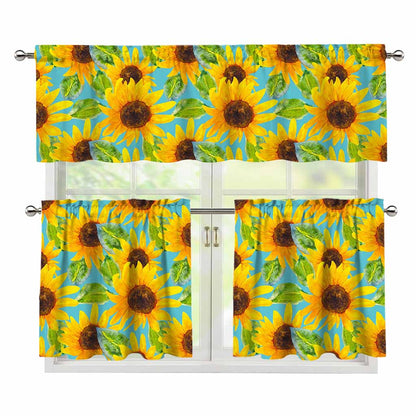 Blue Watercolor Sunflower Pattern Print 3 Piece Kitchen Curtains