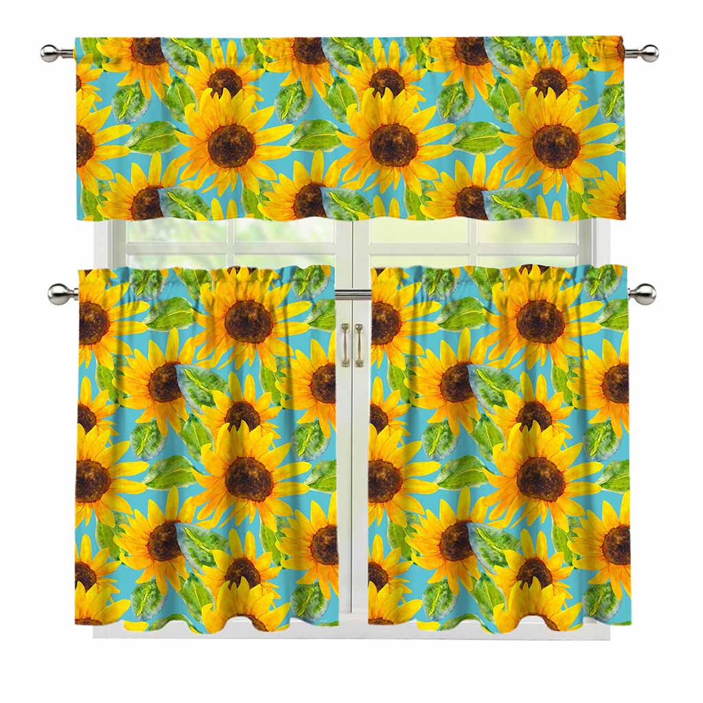Blue Watercolor Sunflower Pattern Print 3 Piece Kitchen Curtains