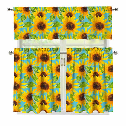 Blue Watercolor Sunflower Pattern Print 3 Piece Kitchen Curtains