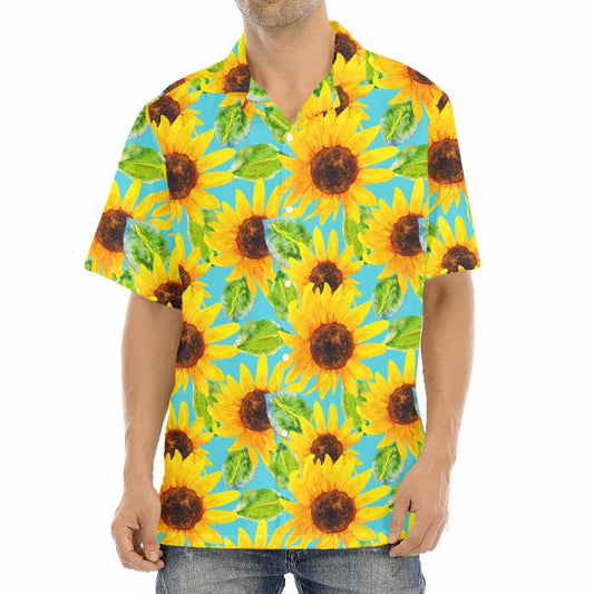 Blue Watercolor Sunflower Pattern Print Aloha Shirt