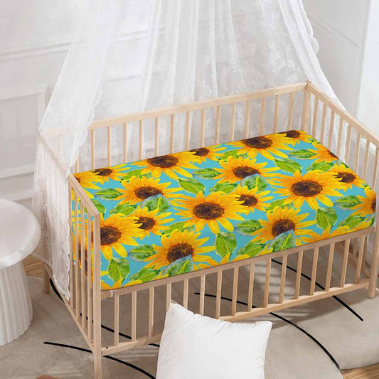 Blue Watercolor Sunflower Pattern Print Baby Crib Sheet