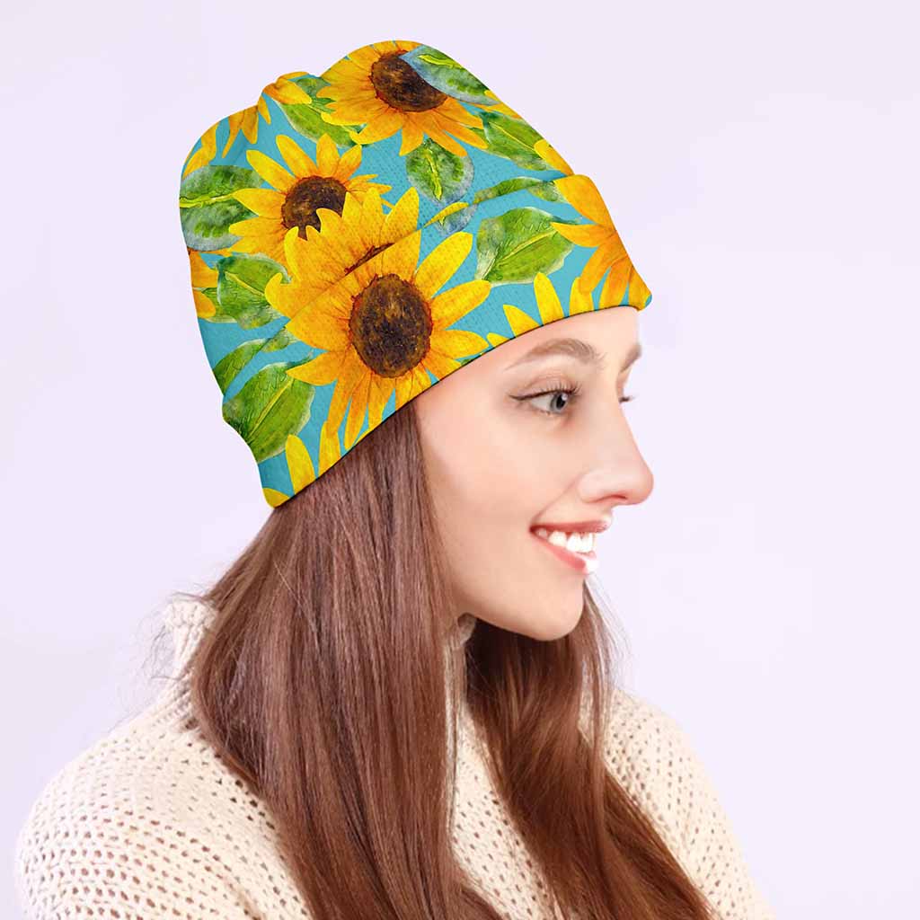 Blue Watercolor Sunflower Pattern Print Beanie