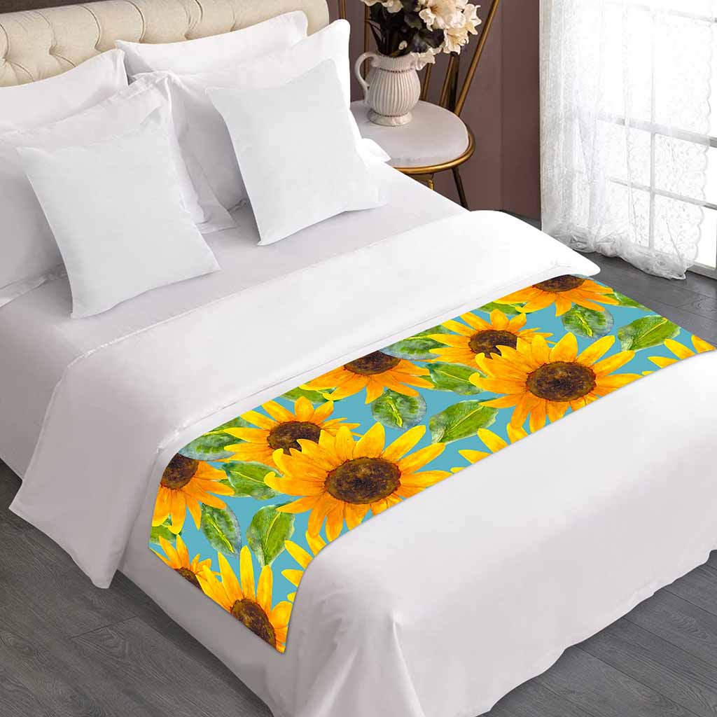 Blue Watercolor Sunflower Pattern Print Bed Runner