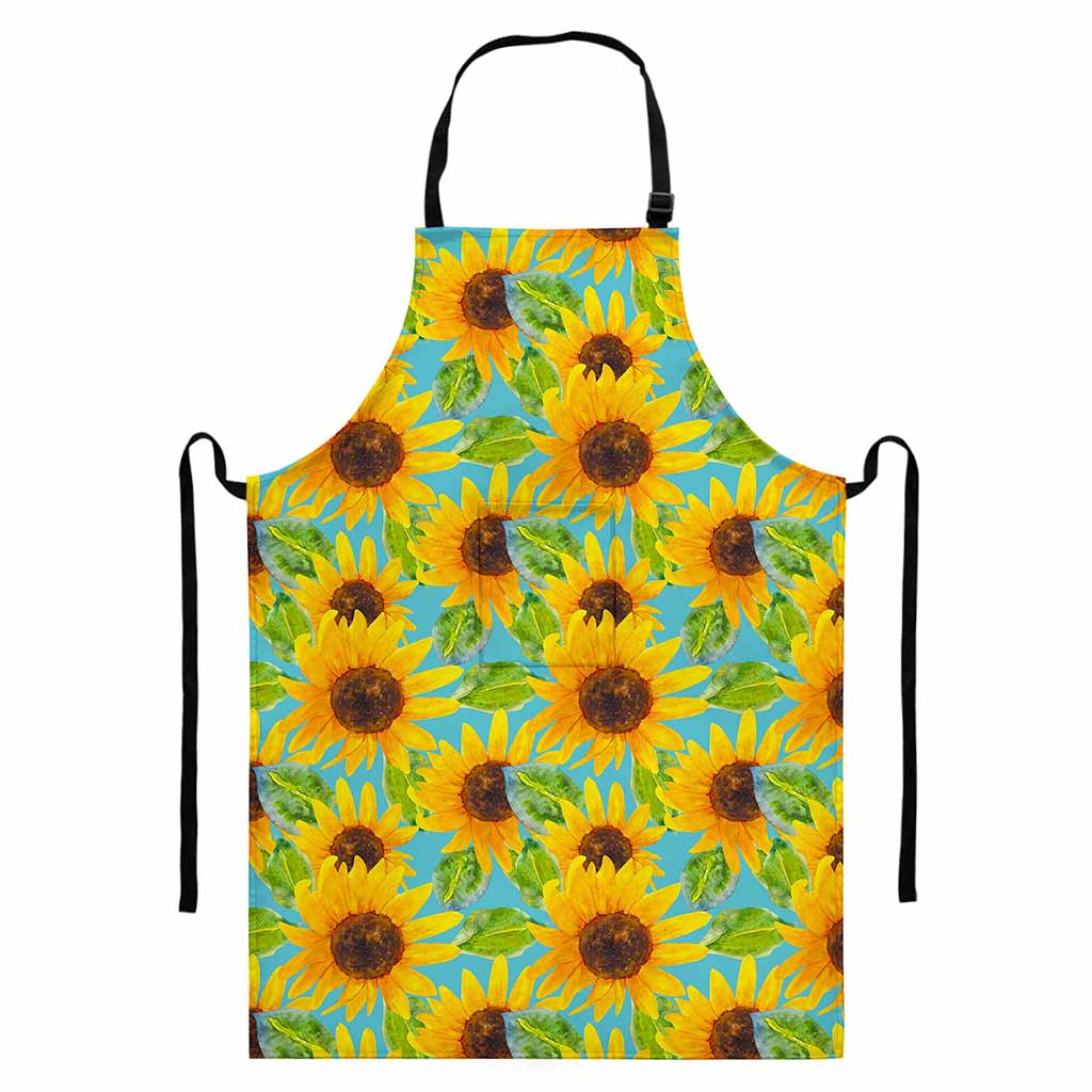 Blue Watercolor Sunflower Pattern Print Bib Apron With Pocket