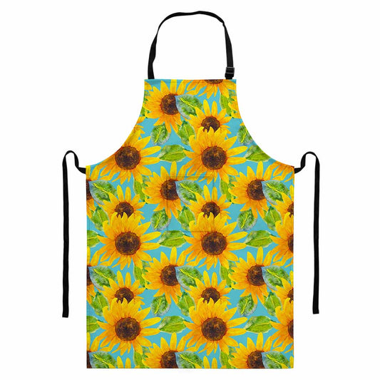 Blue Watercolor Sunflower Pattern Print Bib Apron With Pocket