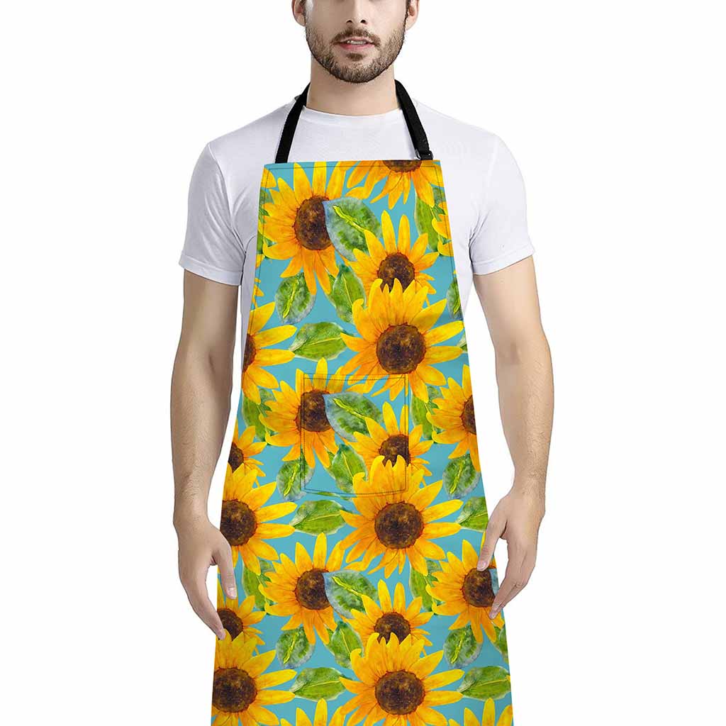 Blue Watercolor Sunflower Pattern Print Bib Apron With Pocket
