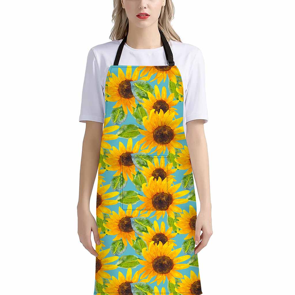 Blue Watercolor Sunflower Pattern Print Bib Apron With Pocket