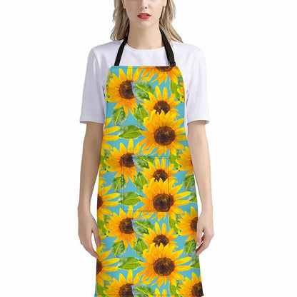 Blue Watercolor Sunflower Pattern Print Bib Apron With Pocket