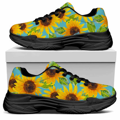 Blue Watercolor Sunflower Pattern Print Black Chunky Shoes