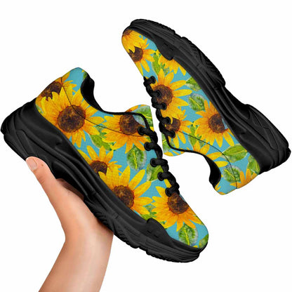 Blue Watercolor Sunflower Pattern Print Black Chunky Shoes