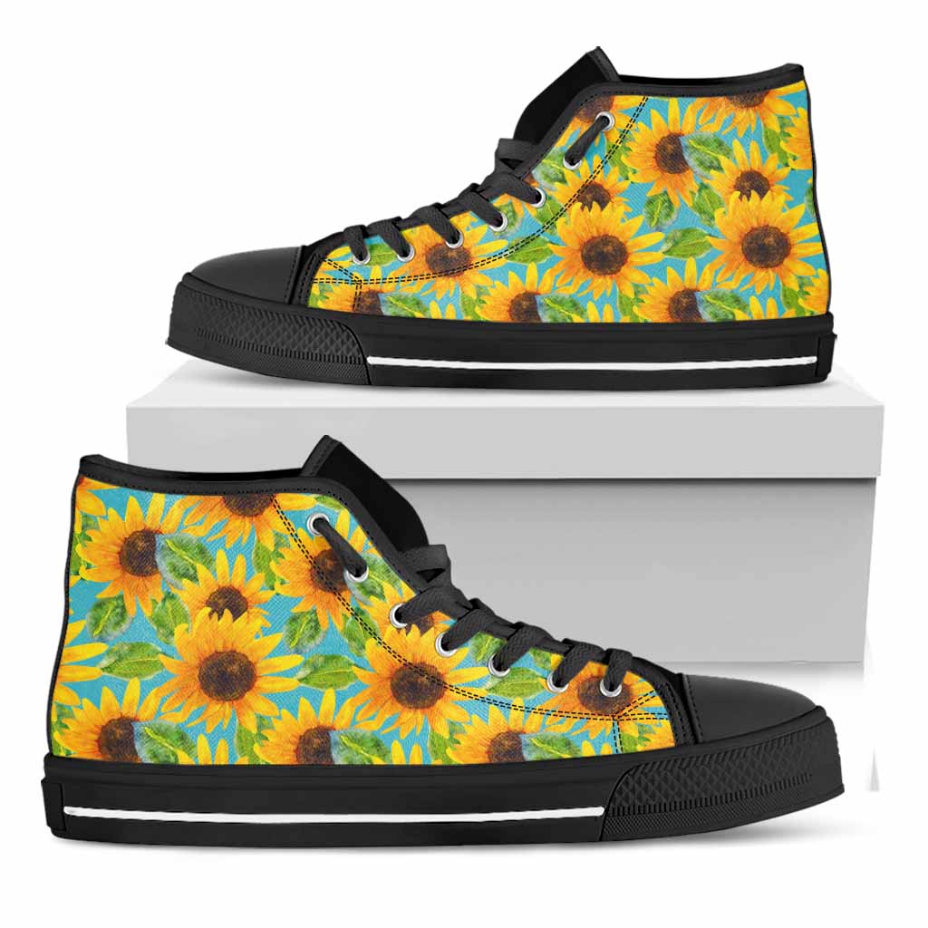 Blue Watercolor Sunflower Pattern Print Black High Top Sneakers