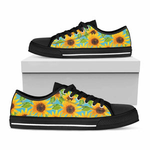 Blue Watercolor Sunflower Pattern Print Black Low Top Sneakers