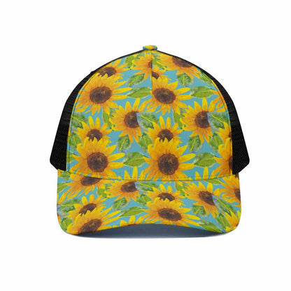 Blue Watercolor Sunflower Pattern Print Black Mesh Trucker Cap