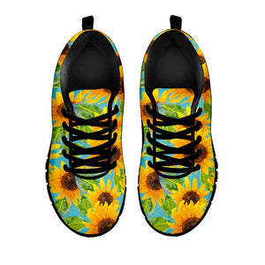 Blue Watercolor Sunflower Pattern Print Black Running Shoes