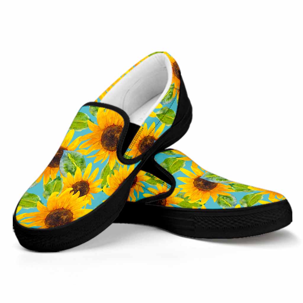 Blue Watercolor Sunflower Pattern Print Black Slip On Sneakers