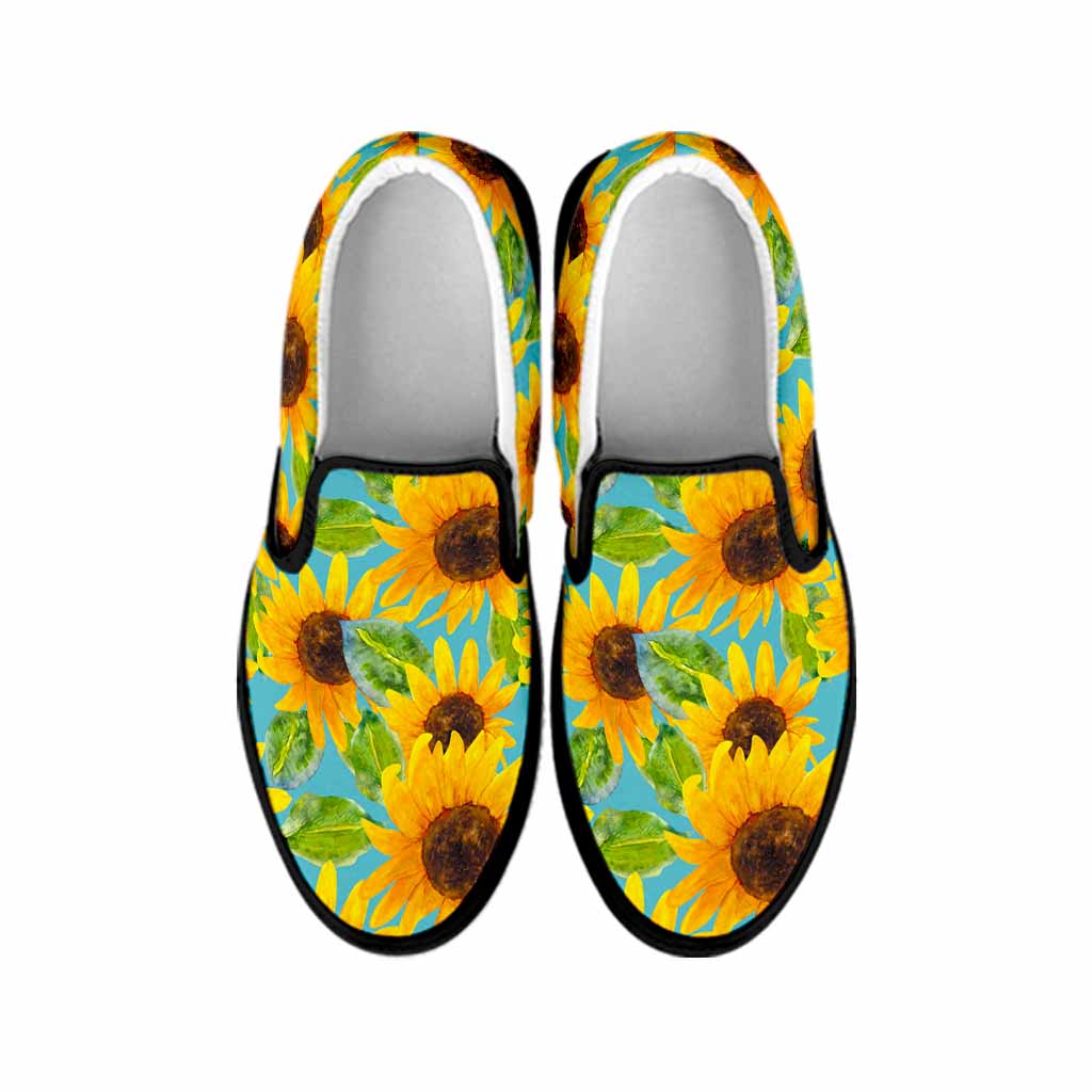 Blue Watercolor Sunflower Pattern Print Black Slip On Sneakers