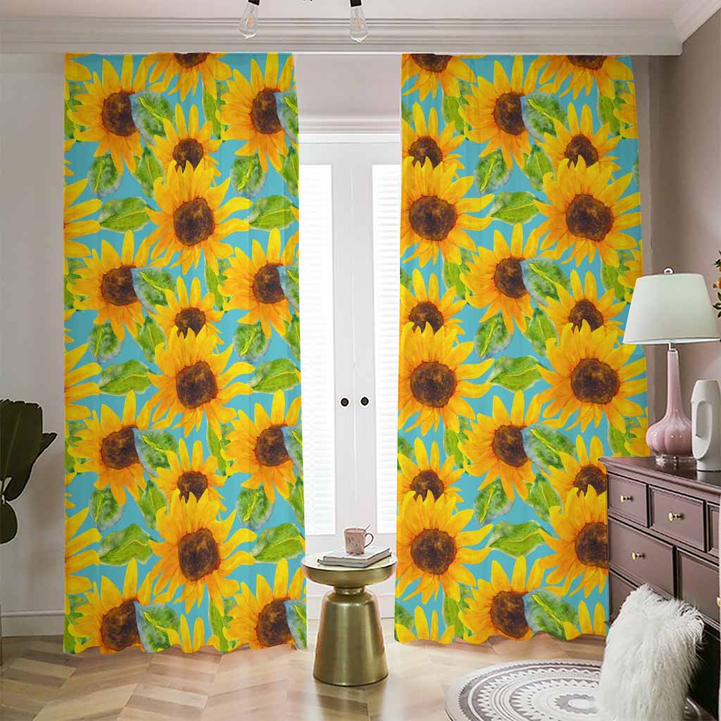 Blue Watercolor Sunflower Pattern Print Blackout Pencil Pleat Curtains
