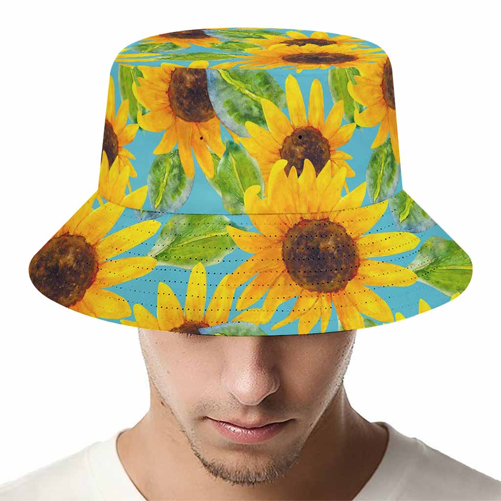Blue Watercolor Sunflower Pattern Print Bucket Hat