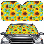 Blue Watercolor Sunflower Pattern Print Car Windshield Sun Shade