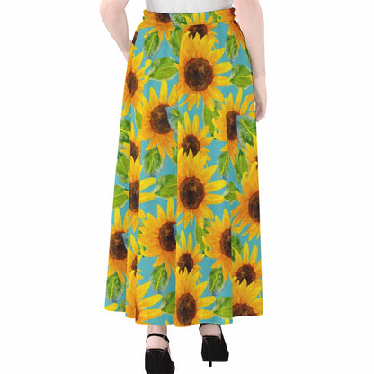 Blue Watercolor Sunflower Pattern Print Chiffon Maxi Skirt