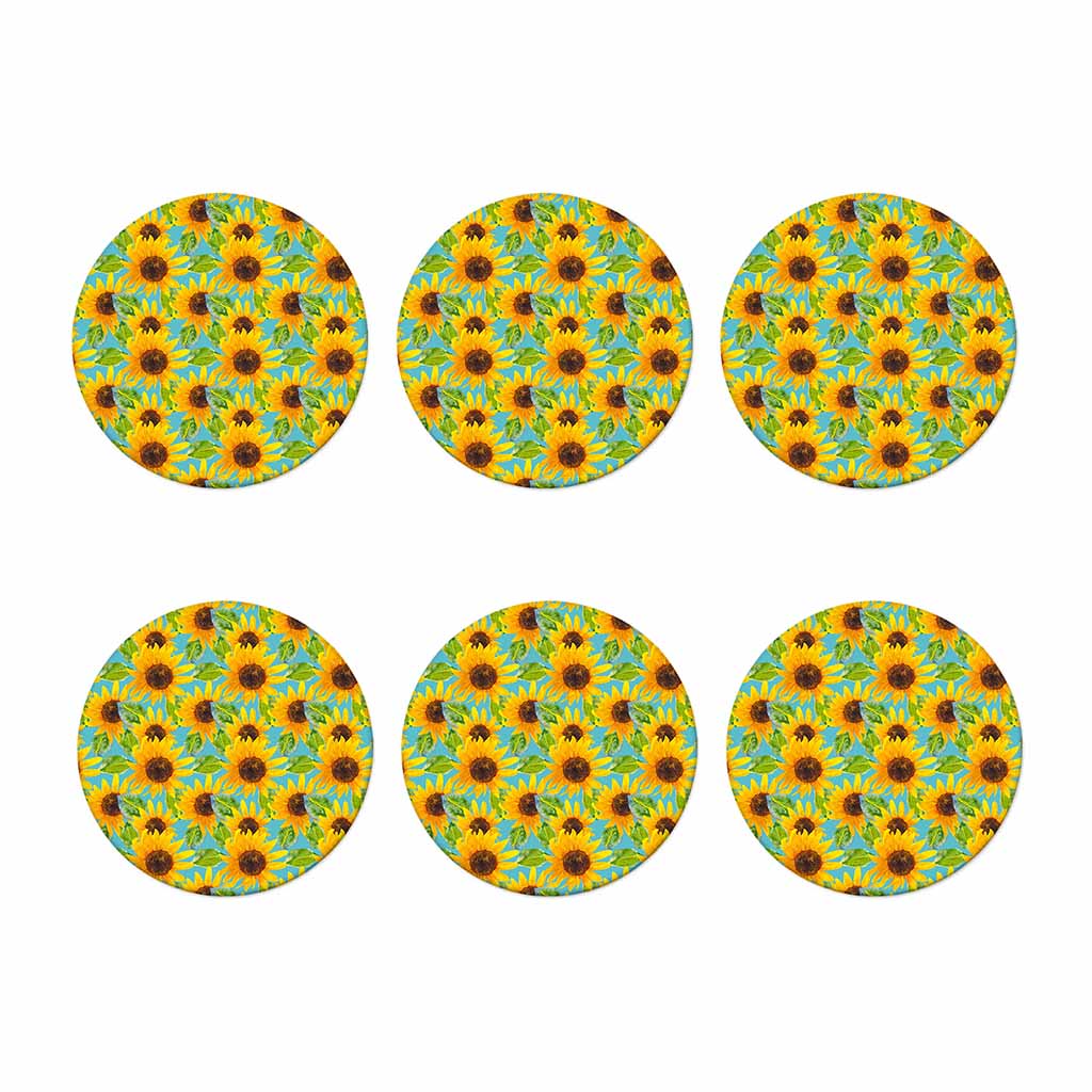 Blue Watercolor Sunflower Pattern Print Coaster Set