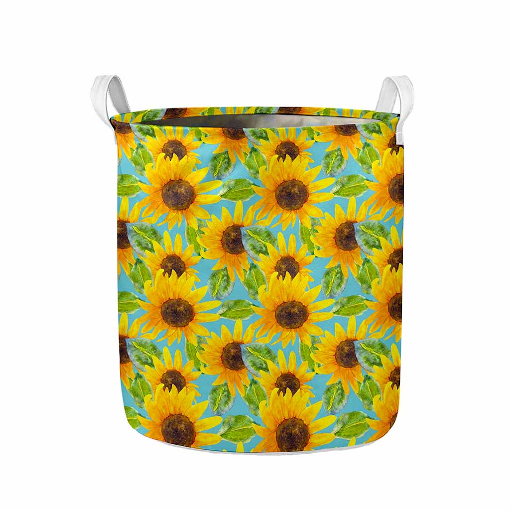 Blue Watercolor Sunflower Pattern Print Collapsible Laundry Basket