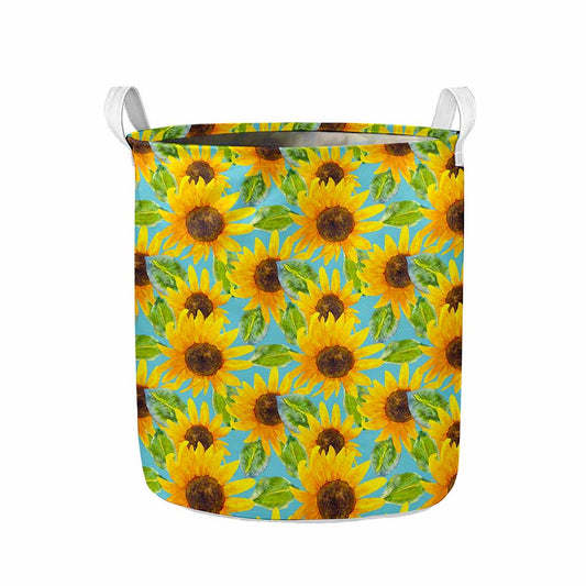 Blue Watercolor Sunflower Pattern Print Collapsible Laundry Basket