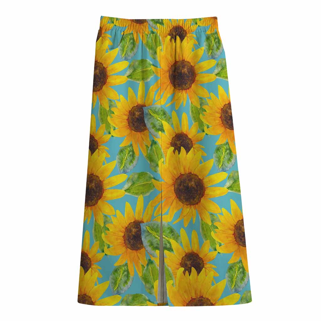Blue Watercolor Sunflower Pattern Print Cotton Front Slit Maxi Skirt