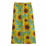Blue Watercolor Sunflower Pattern Print Cotton Front Slit Maxi Skirt