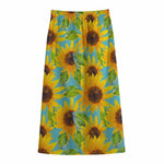 Blue Watercolor Sunflower Pattern Print Cotton Front Slit Maxi Skirt