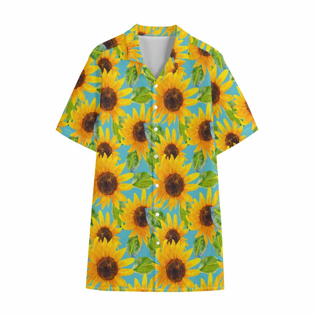 Blue Watercolor Sunflower Pattern Print Cotton Hawaiian Shirt