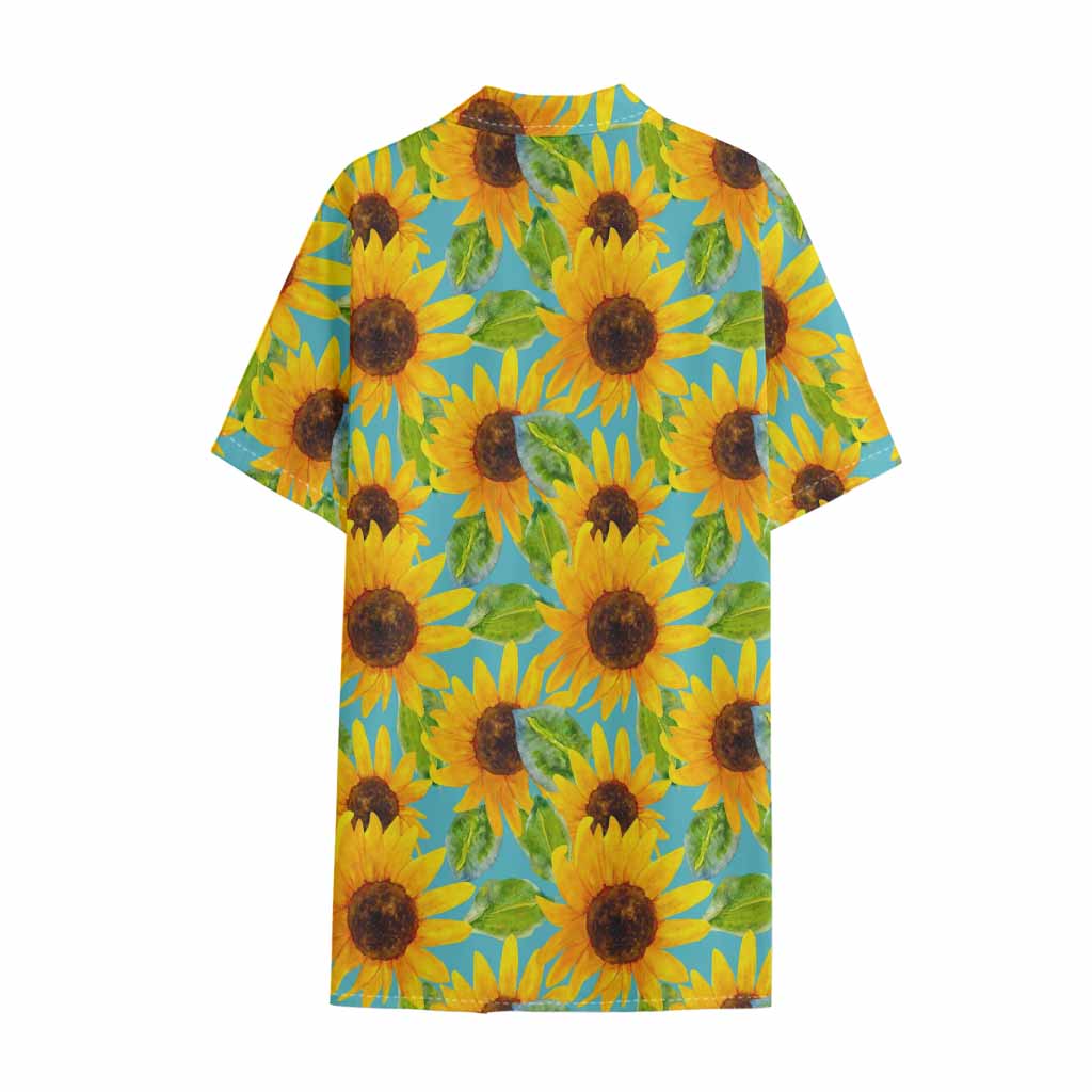 Blue Watercolor Sunflower Pattern Print Cotton Hawaiian Shirt