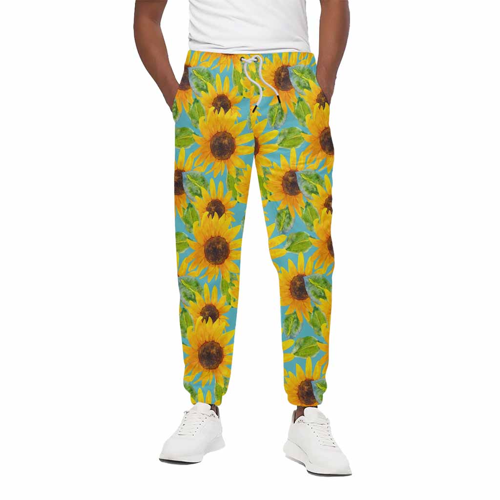 Blue Watercolor Sunflower Pattern Print Cotton Pants
