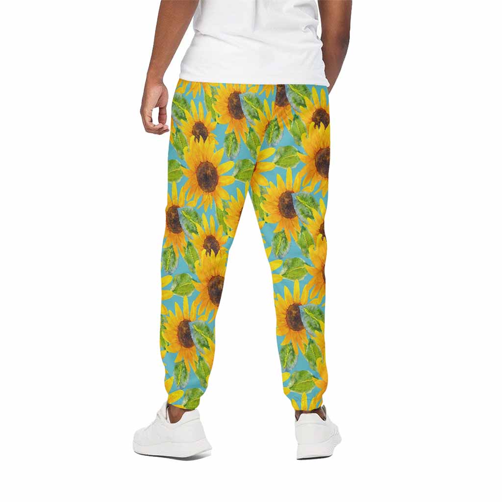 Blue Watercolor Sunflower Pattern Print Cotton Pants