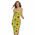 Blue Watercolor Sunflower Pattern Print Cross Back Cami Dress