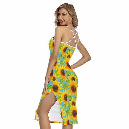 Blue Watercolor Sunflower Pattern Print Cross Back Cami Dress